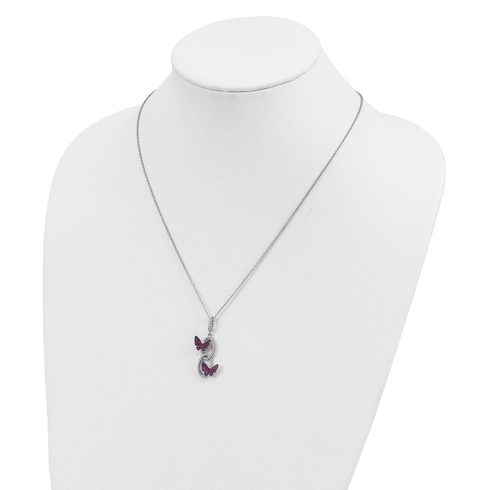 Brilliant Embers Sterling Silver Rhodium-plated 18 inch White CZ Ovals with Red CZ Butterflies Necklace with 2 Inch Extender
