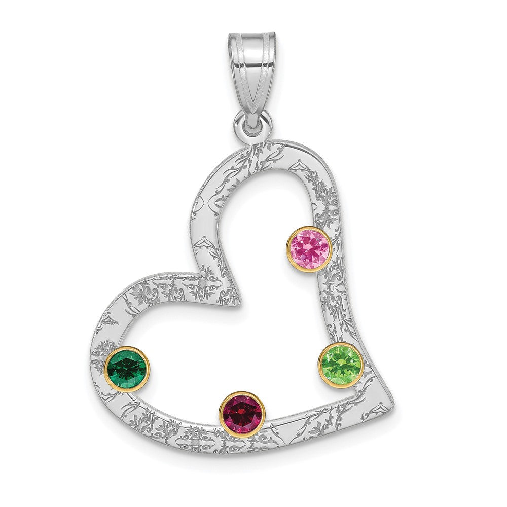 SSilver/Rh-plated 4 Birthstone Heart with 14k Bezel Family Pendant