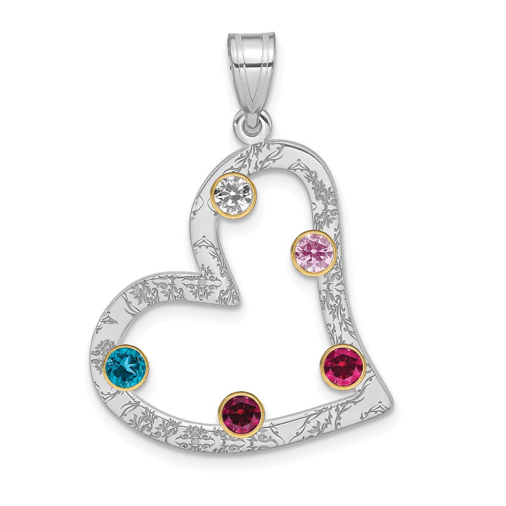 SSilver/Rh-plated 5 Birthstone Heart with 14k Bezel Family Pendant