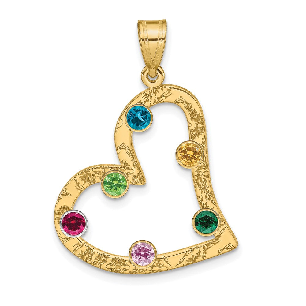 SSilver/Rh-plated 6 Birthstone Heart with 14k Bezel Family Pendant