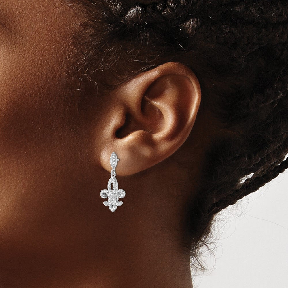 Brilliant Embers Sterling Silver Rhodium-plated 940 Stone Micro Pav‚ CZ Fleur De Lis Post Dangle Earrings