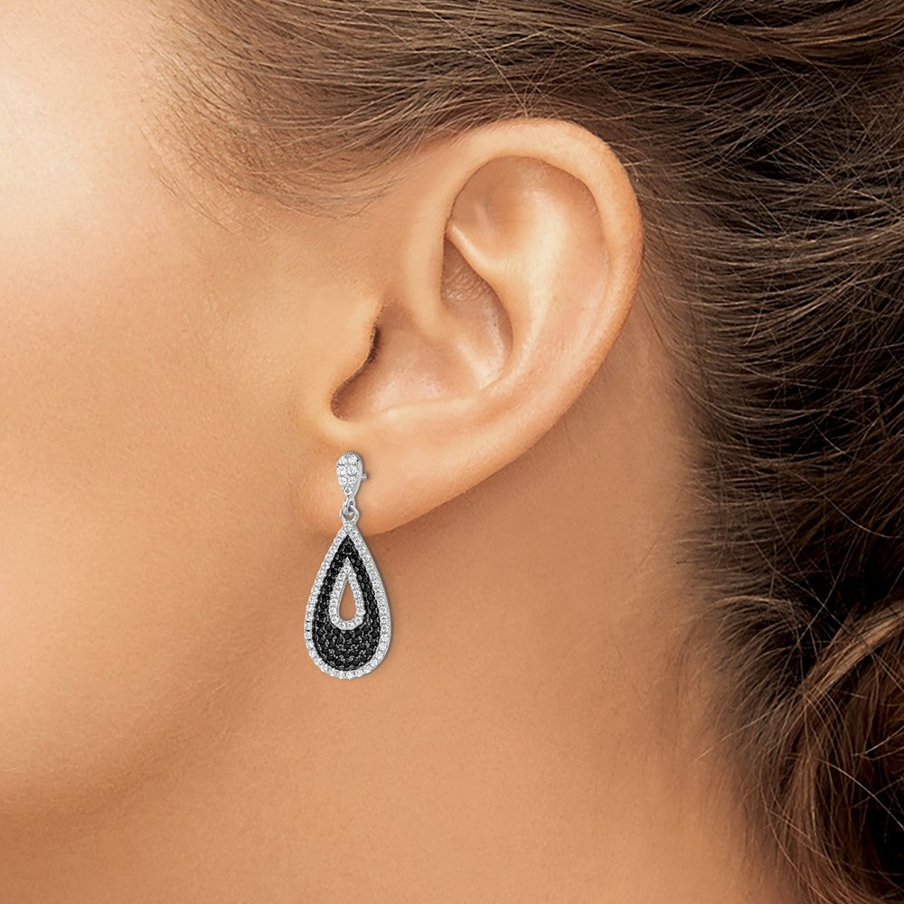 Brilliant Embers Sterling Silver Rhodium-plated 212 Micro Pav‚ Black and White CZ Teardrop Dangle Post Earrings