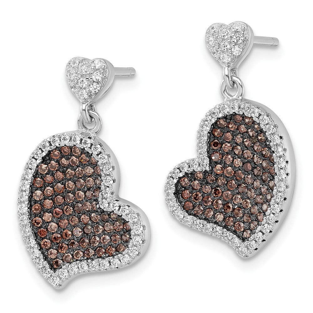 True Fire Sterling Silver Brown & White CZ Heart Dangle Post Earrings