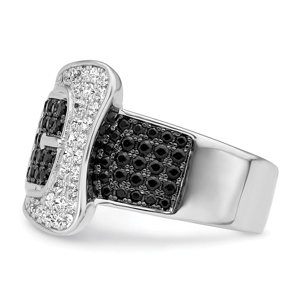Brilliant Embers Sterling Silver Rhodium-plated 109 Stone Micro Pav‚ Black and White CZ Buckle Ring