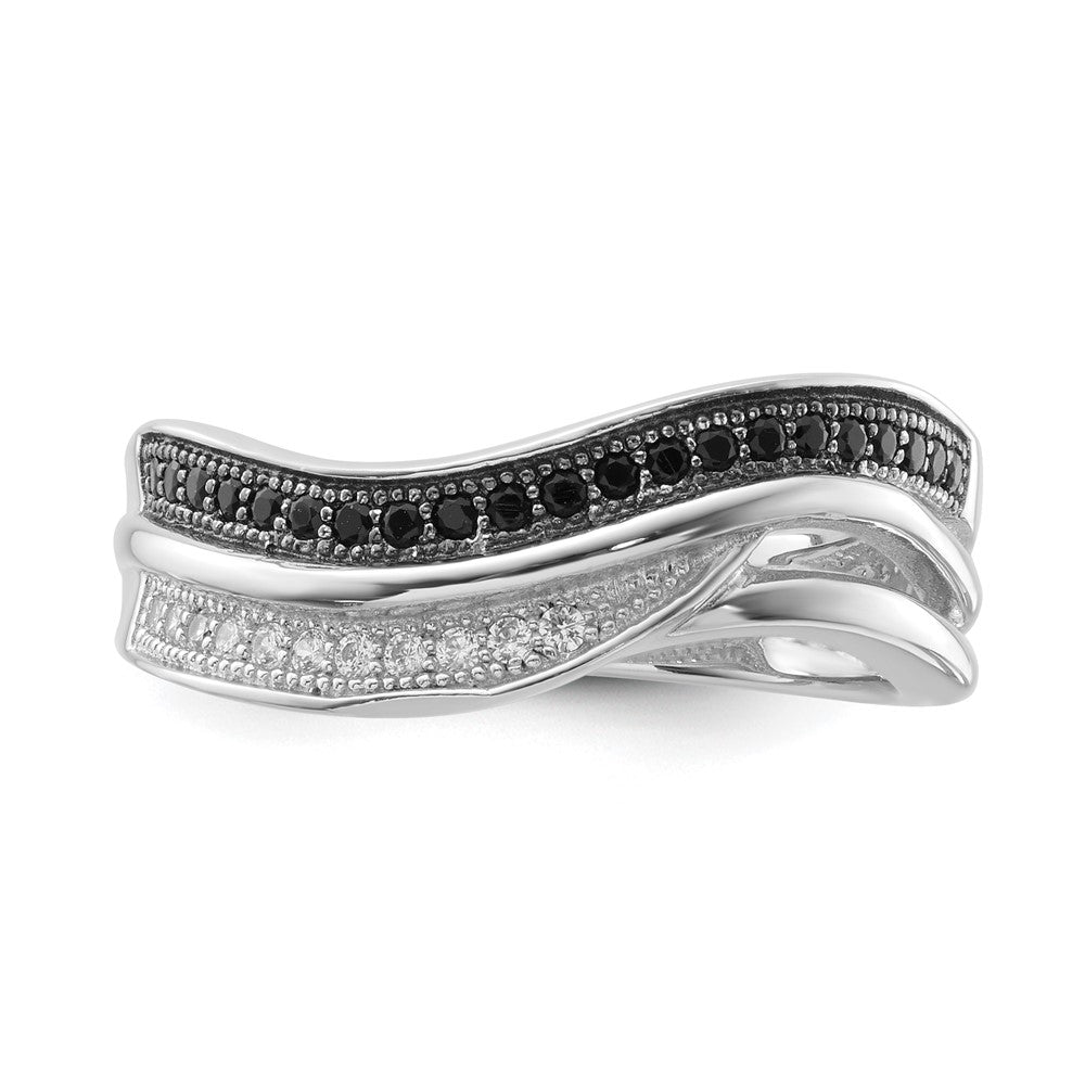 True Fire Sterling Silver Black & White CZ Curved Design Ring