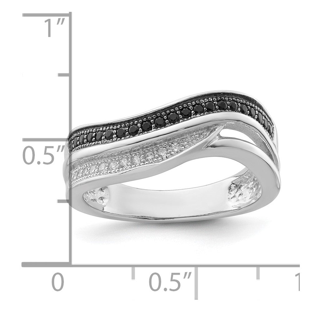 True Fire Sterling Silver Black & White CZ Curved Design Ring