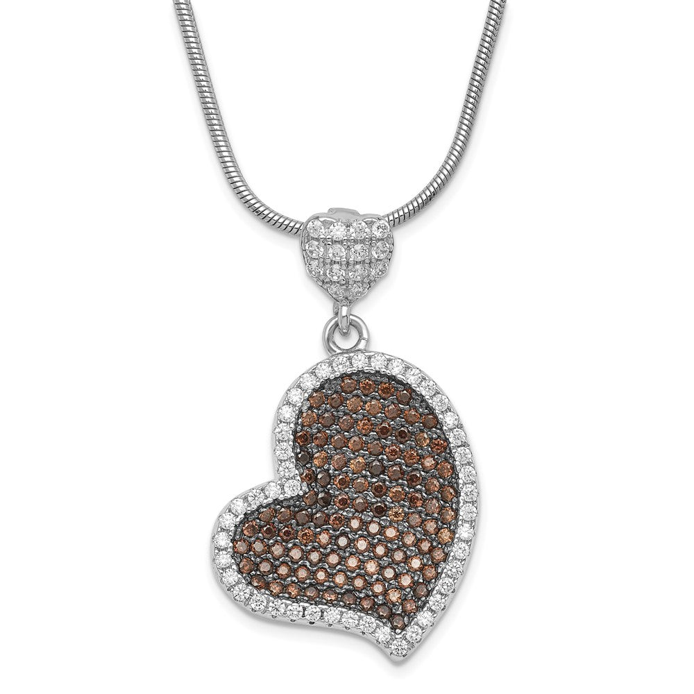True Fire Sterling Silver Brown & White CZ Heart w/ 2in ext Necklace