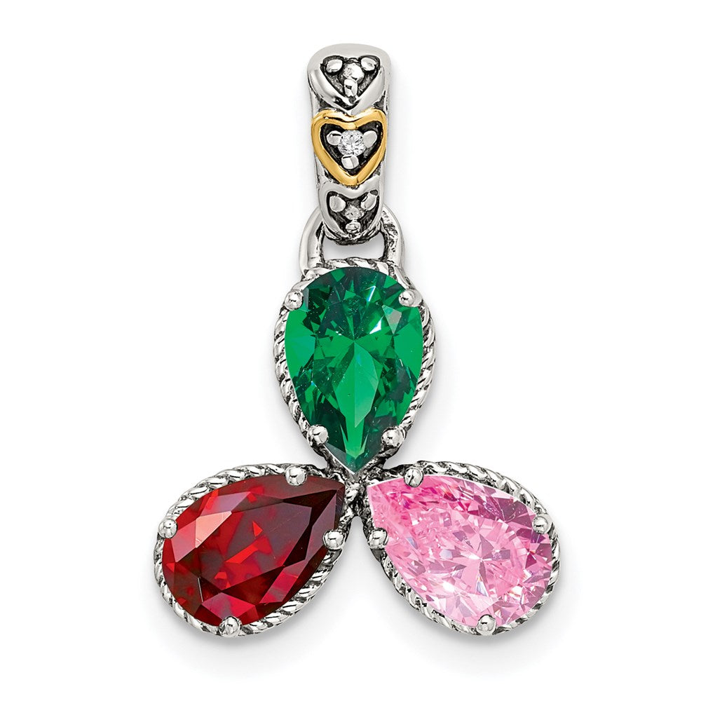 Sterling Silver Antiqued w/14k 3-stone w/Diamond Mother's Pendant
