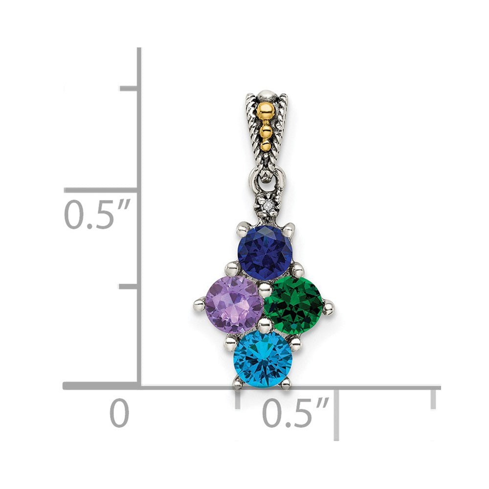 Sterling Silver Antiqued w/14k 4-stone w/Diamond Mother's Pendant