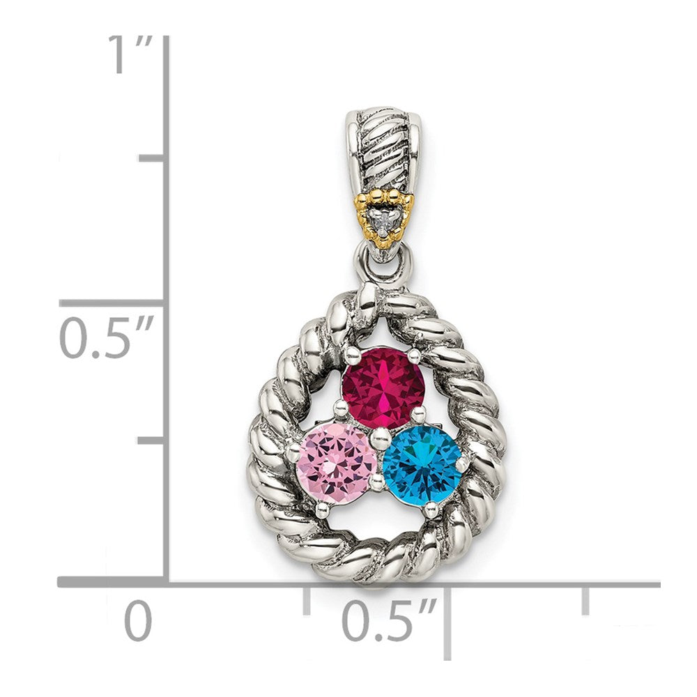 Sterling Silver Antiqued w/14k 3-stone w/Diamond Mother's Pendant