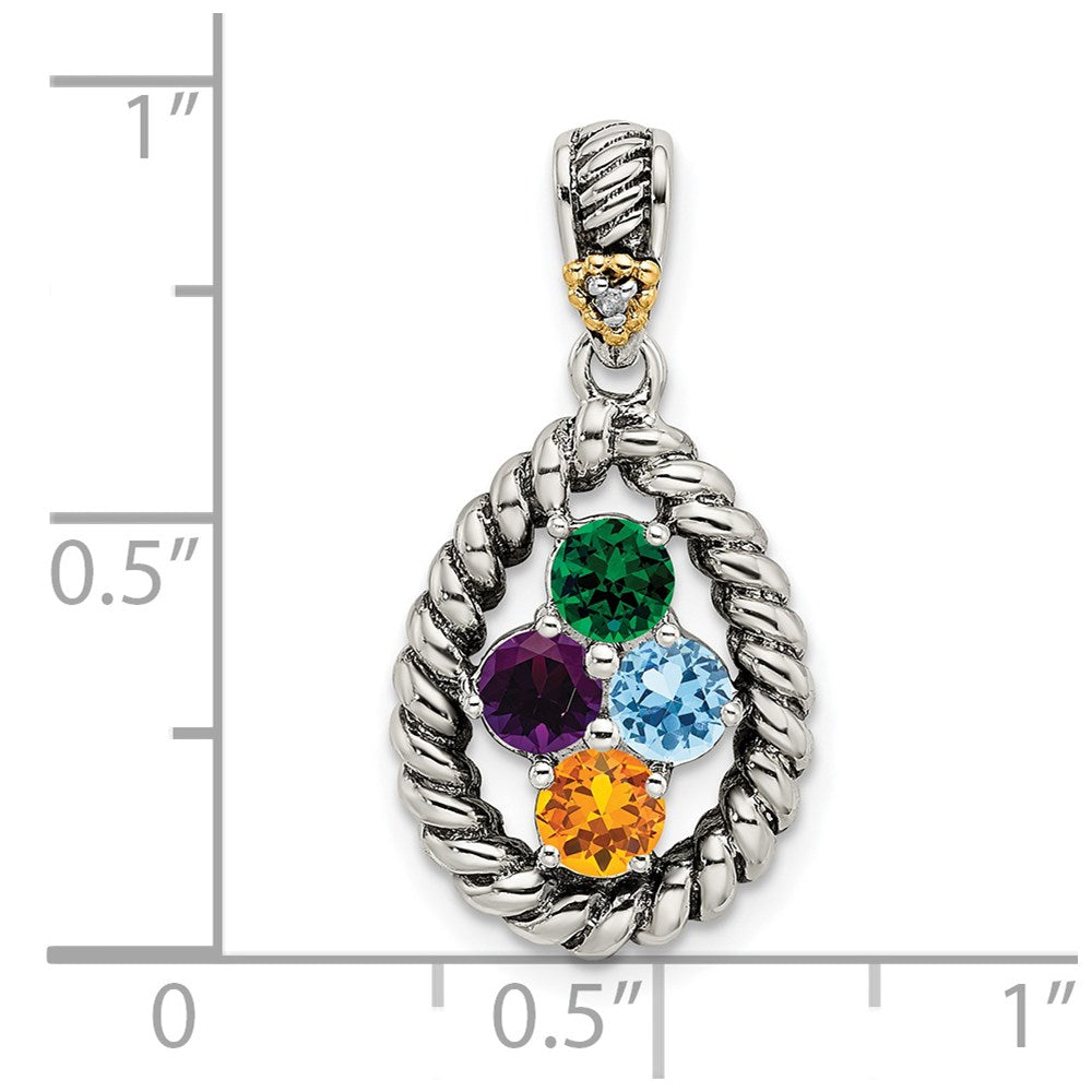 Sterling Silver Antiqued w/14k 4-stone w/Diamond Mother's Pendant