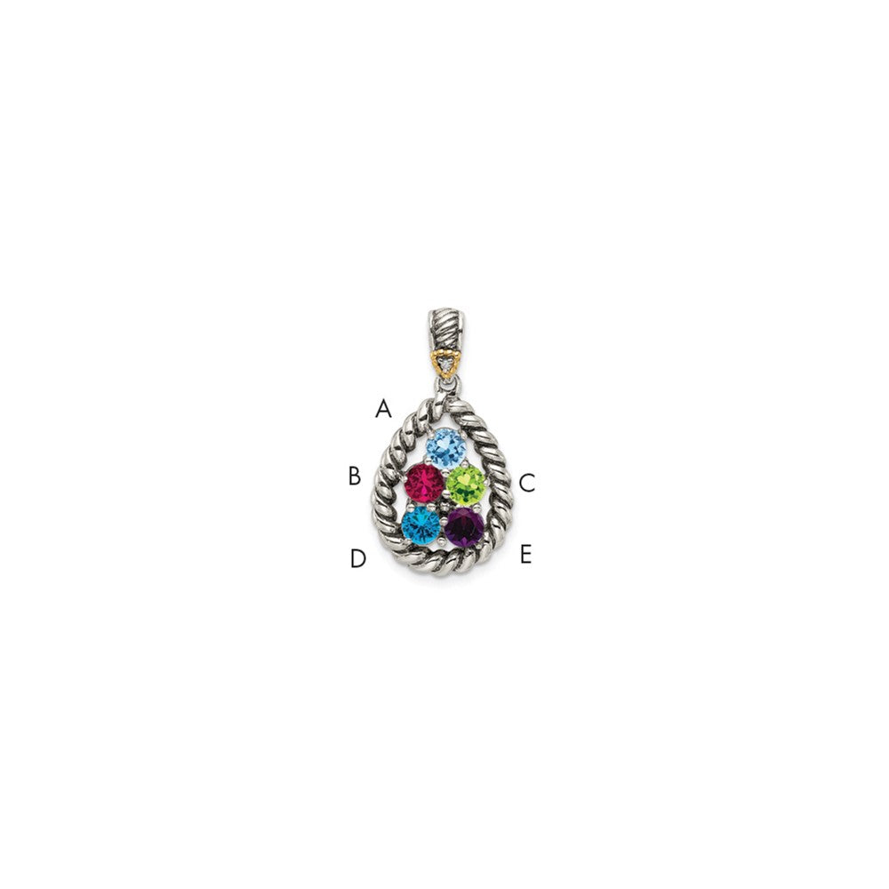 Sterling Silver Antiqued w/14k 5-stone w/Diamond Mother's Pendant
