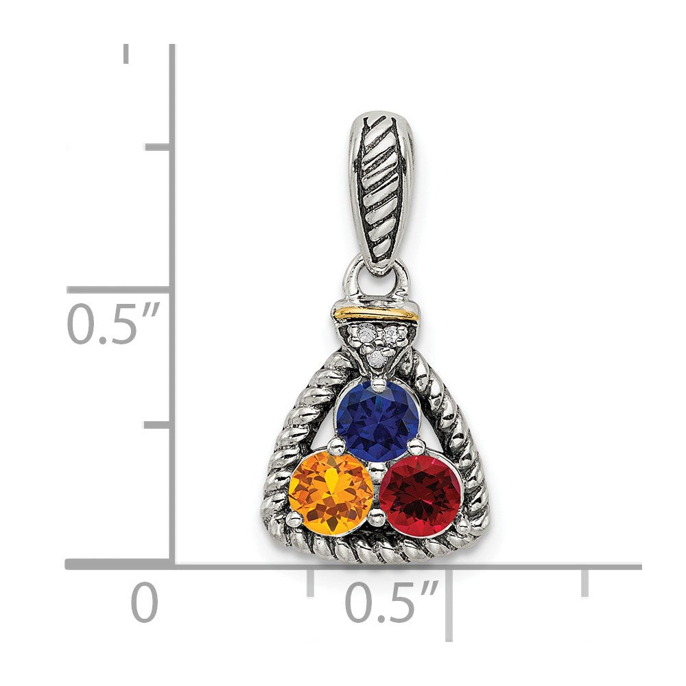 Sterling Silver Antiqued w/14k 3-stone w/Diamond Mother's Pendant