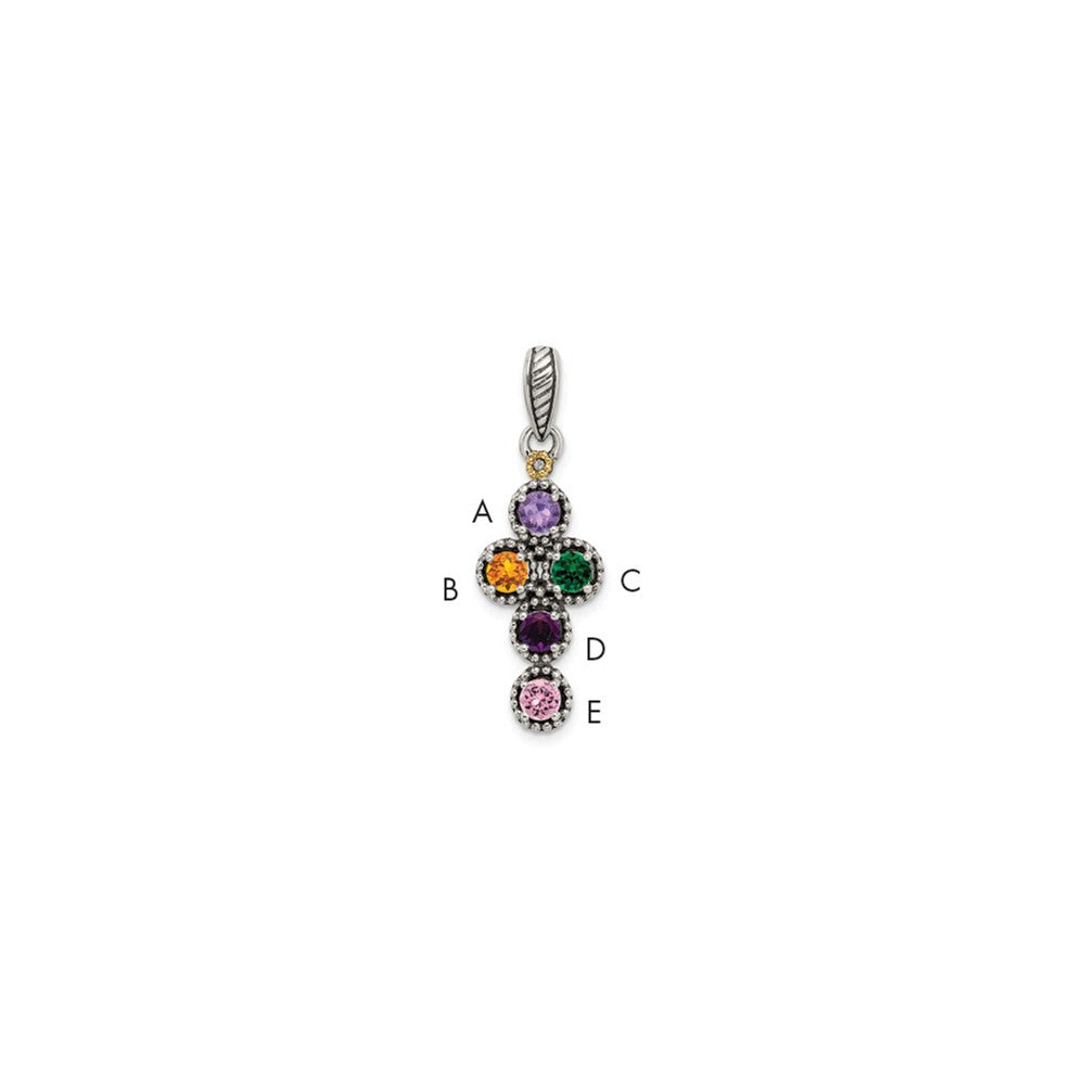 Sterling Silver Antiqued w/14k 5-stone w/Diamond Mother's Pendant