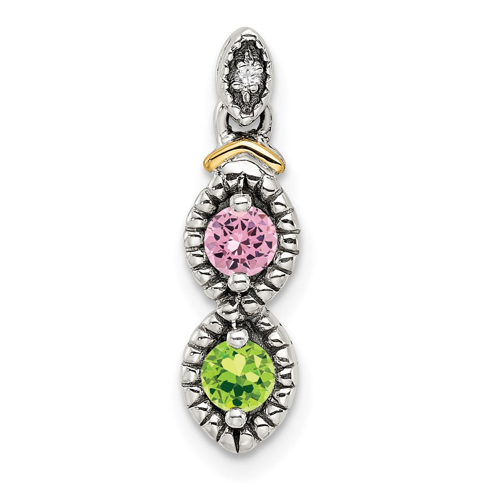 Sterling Silver Antiqued w/14k 2-stone w/Diamond Mother's Pendant