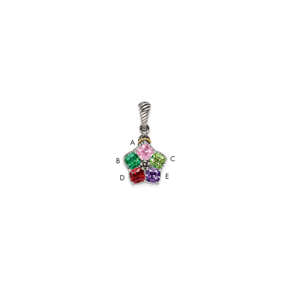 Sterling Silver Antiqued w/14k 5-stone w/Diamond Mother's Pendant