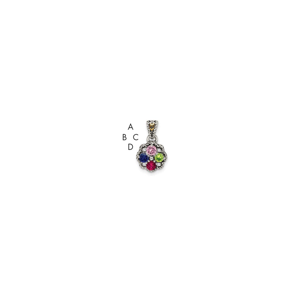 Sterling Silver Antiqued w/14k 4-stone w/Diamond Mother's Pendant