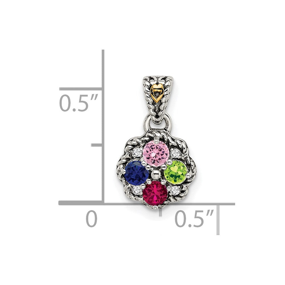 Sterling Silver Antiqued w/14k 4-stone w/Diamond Mother's Pendant