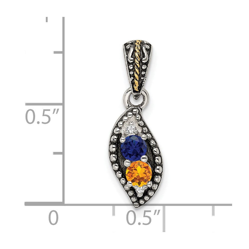 Sterling Silver Antiqued w/14k 2-stone w/Diamond Mother's Pendant