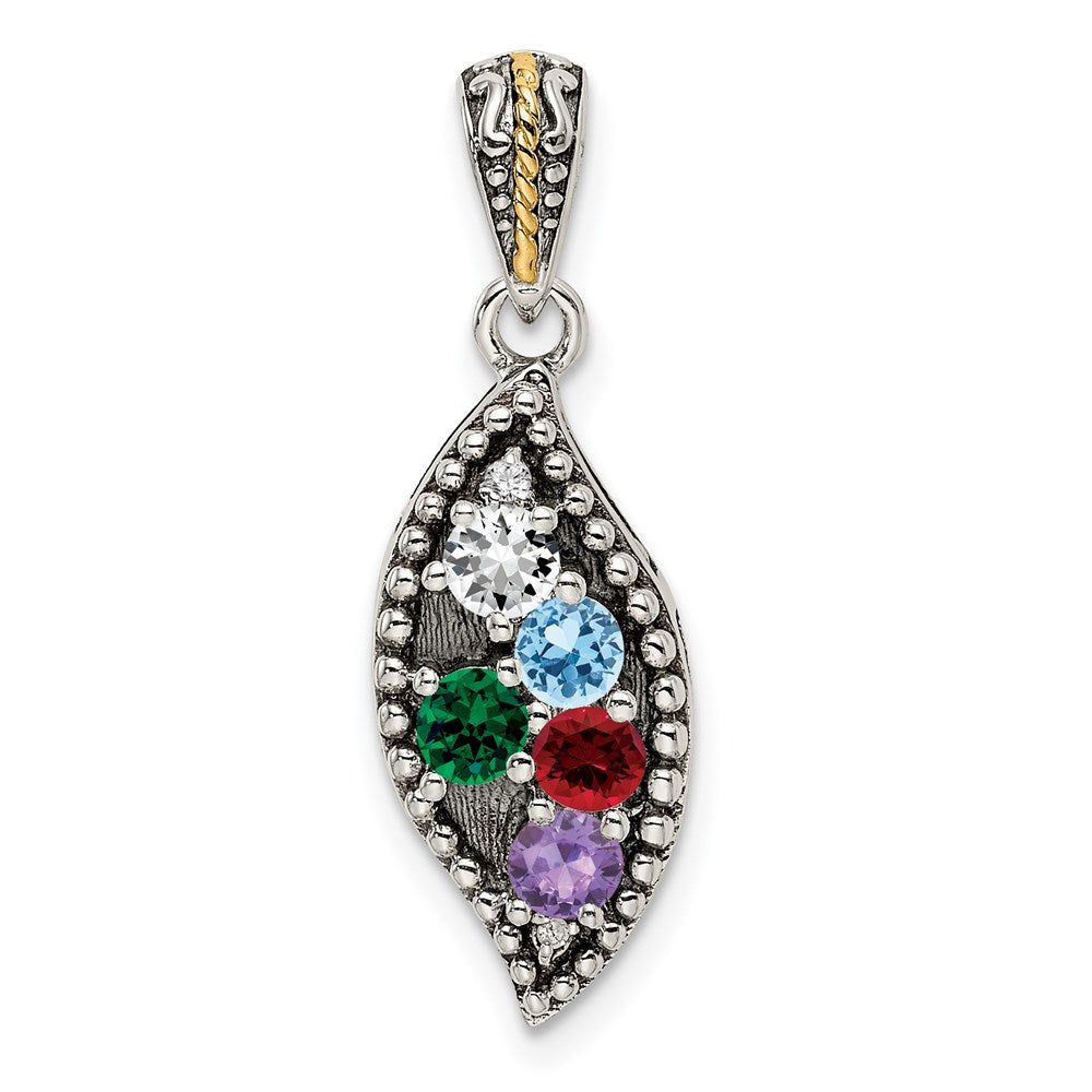 Sterling Silver Antiqued w/14k 5-stone w/Diamond Mother's Pendant