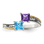 Sterling Silver Antiqued w/14k 2-stone w/Diamond Mother's Ring