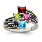 Sterling Silver Antiqued w/14k 4-stone w/Diamond Mother's Ring