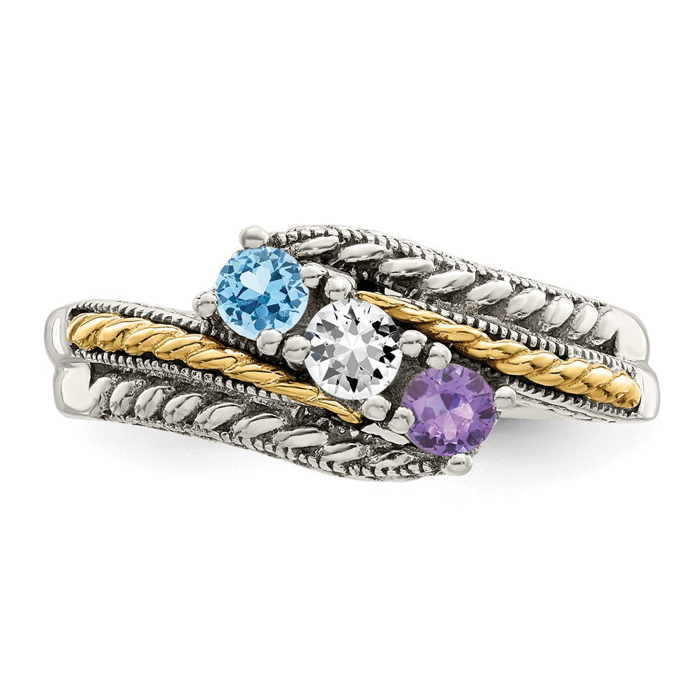 Sterling Silver Antiqued w/14k 3-stone Mother's Ring