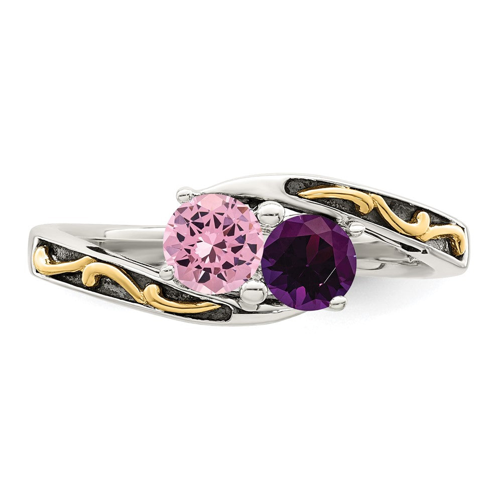 Sterling Silver Antiqued w/14k 2-stone Mother's Ring