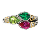 Sterling Silver Antiqued w/14k 3-stone w/Diamond Mother's Ring