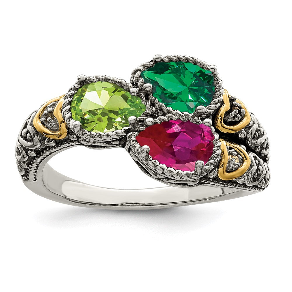 Sterling Silver Antiqued w/14k 3-stone w/Diamond Mother's Ring
