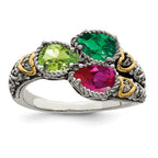 Sterling Silver Antiqued w/14k 3-stone w/Diamond Mother's Ring