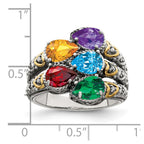 Sterling Silver Antiqued w/14k 5-stone w/Diamond Mother's Ring