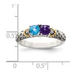 Sterling Silver Antiqued w/14k 2-stone w/Diamond Mother's Ring