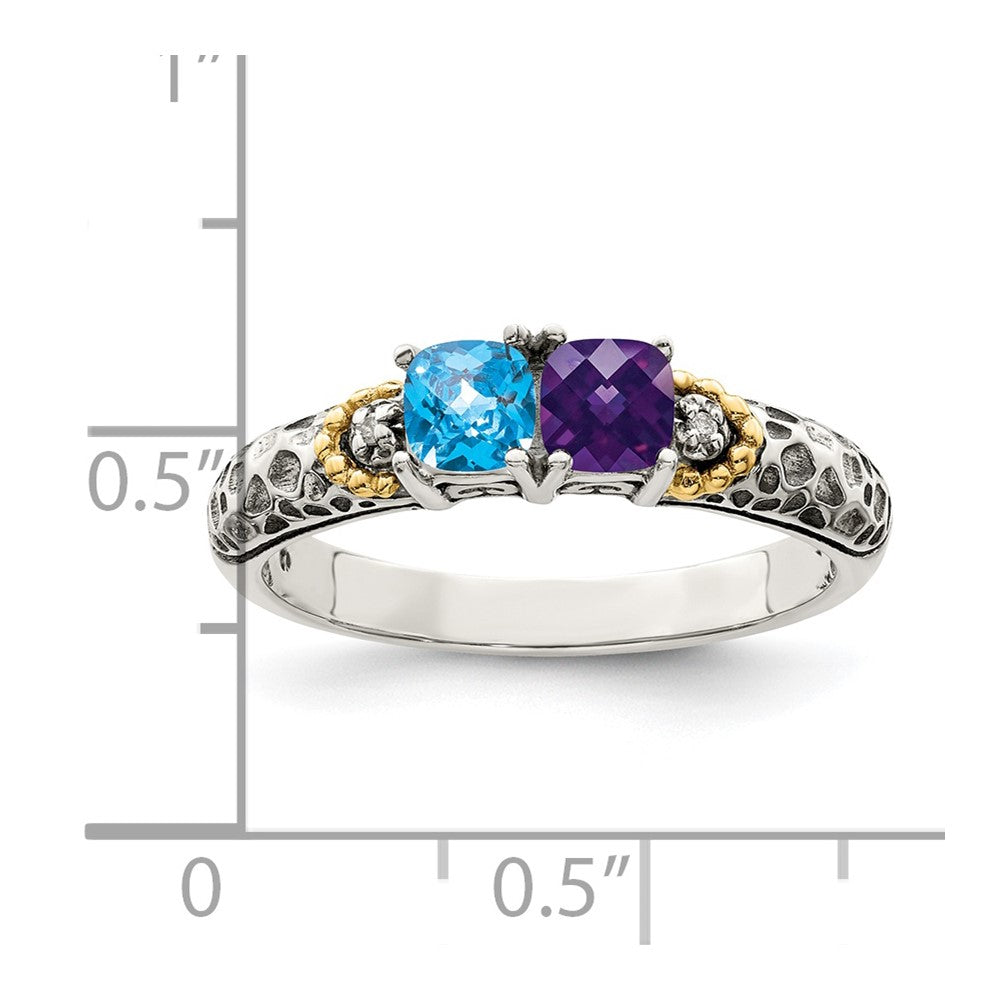 Sterling Silver Antiqued w/14k 2-stone w/Diamond Mother's Ring