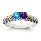 Sterling Silver Antiqued w/14k 2-stone w/Diamond Mother's Ring