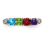 Sterling Silver Antiqued w/14k 4-stone w/Diamond Mother's Ring