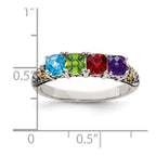 Sterling Silver Antiqued w/14k 4-stone w/Diamond Mother's Ring