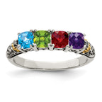 Sterling Silver Antiqued w/14k 4-stone w/Diamond Mother's Ring