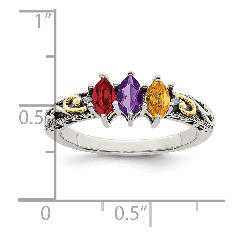 Sterling Silver Antiqued w/14k 3-stone w/Diamond Mother's Ring