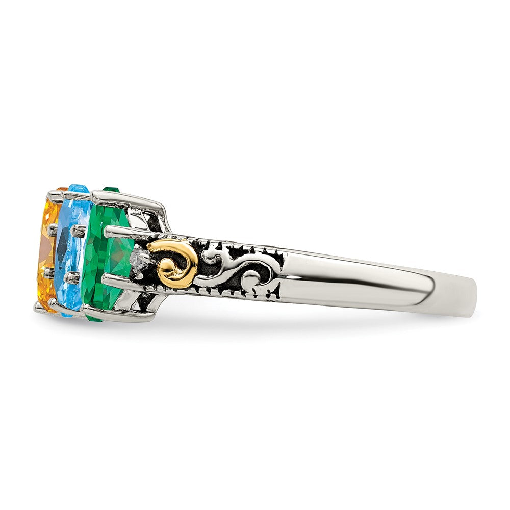 Sterling Silver Antiqued w/14k 5-stone w/Diamond Mother's Ring