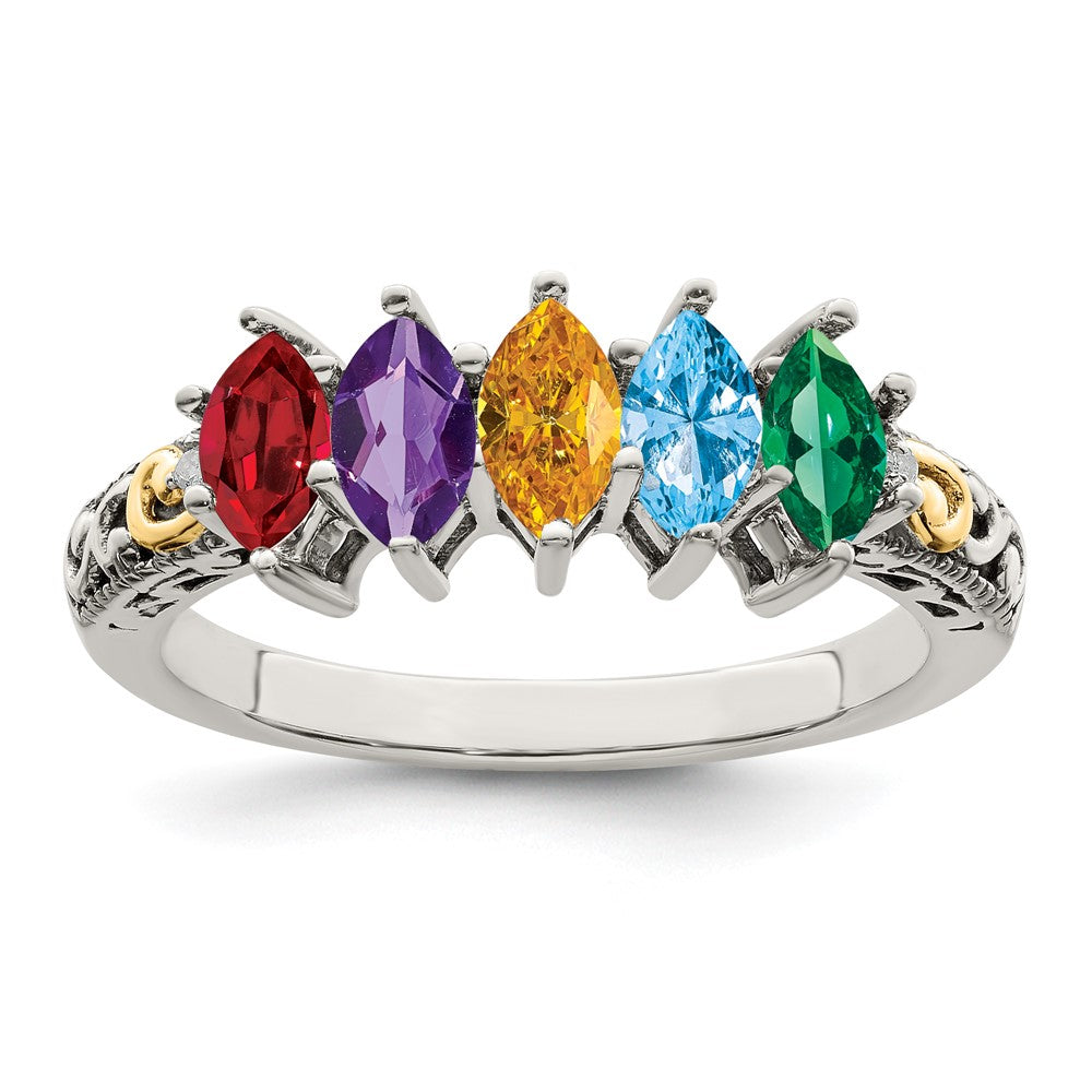 Sterling Silver Antiqued w/14k 5-stone w/Diamond Mother's Ring