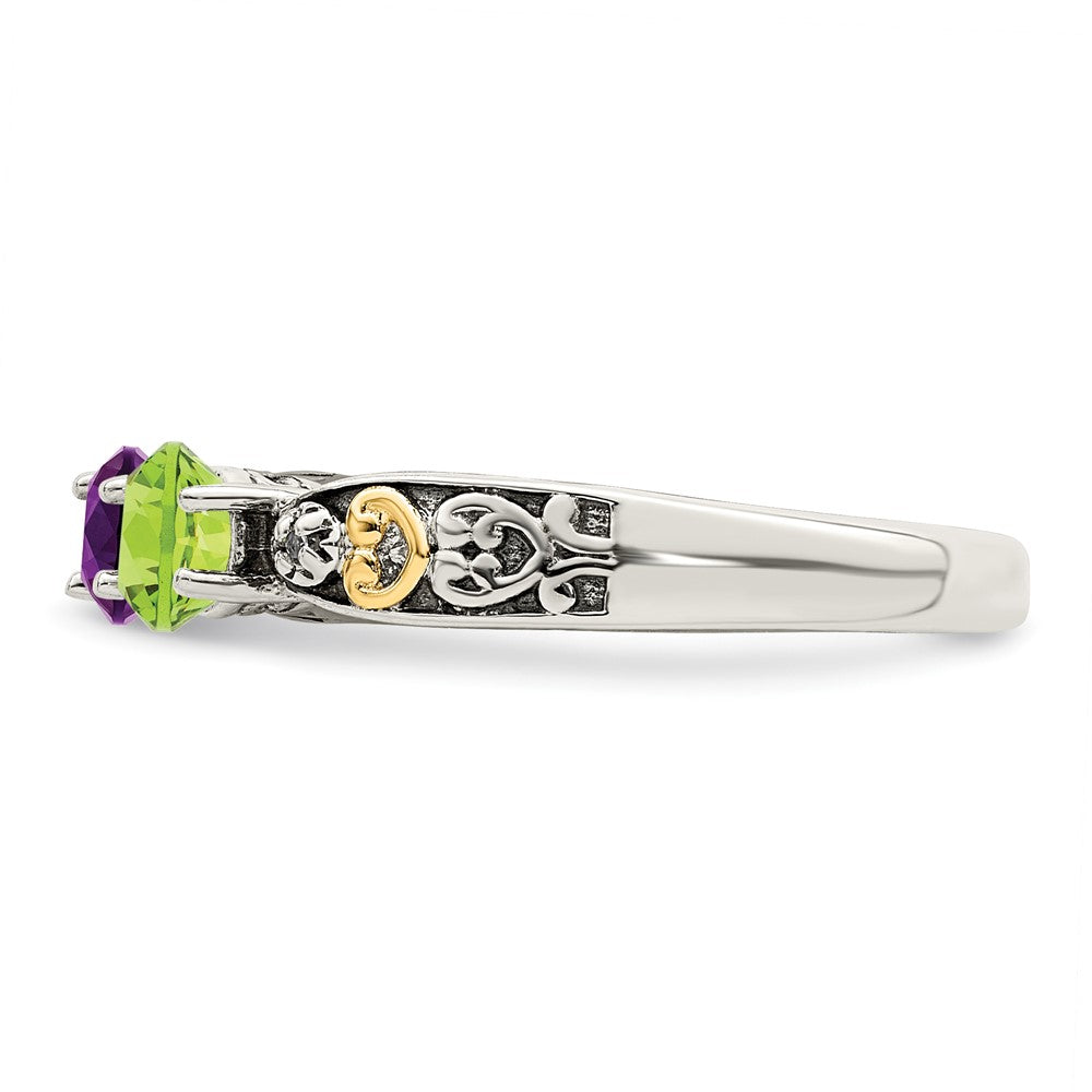 Sterling Silver Antiqued w/14k 3-stone w/Diamond Mother's Ring