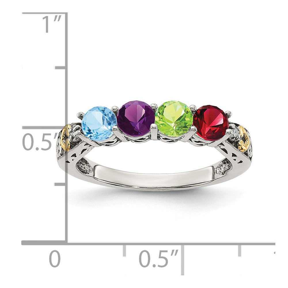 Sterling Silver Antiqued w/14k 4-stone w/Diamond Mother's Ring