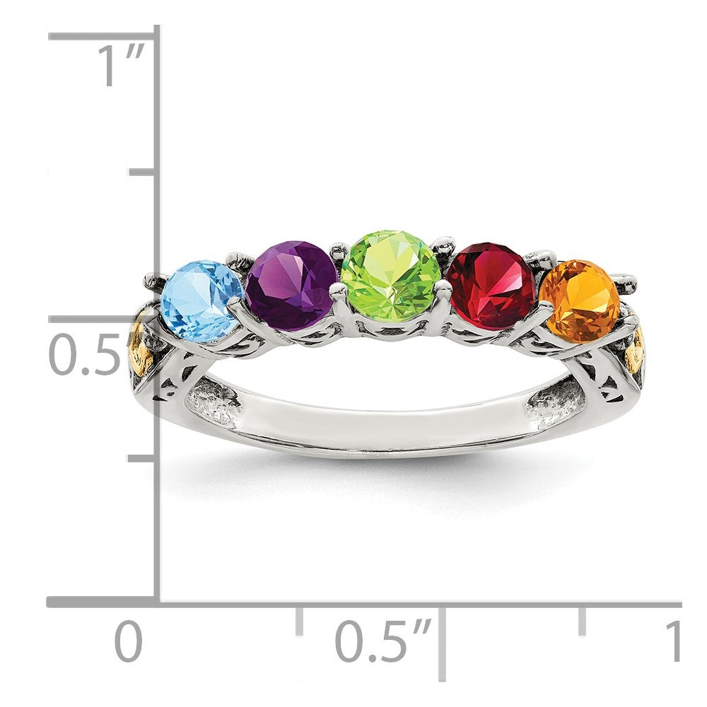 Sterling Silver Antiqued w/14k 5-stone w/Diamond Mother's Ring
