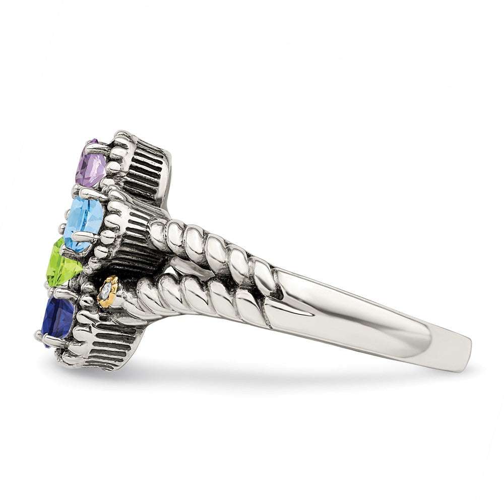 Sterling Silver Antiqued w/14k 4-stone w/Diamond Mother's Ring