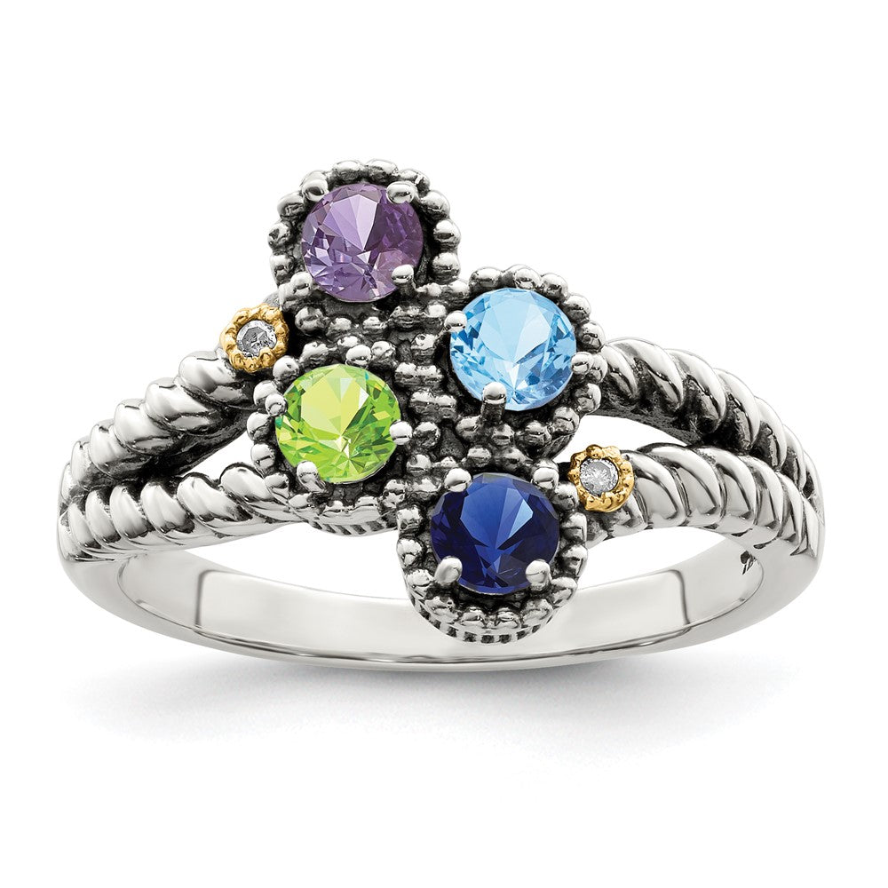 Sterling Silver Antiqued w/14k 4-stone w/Diamond Mother's Ring