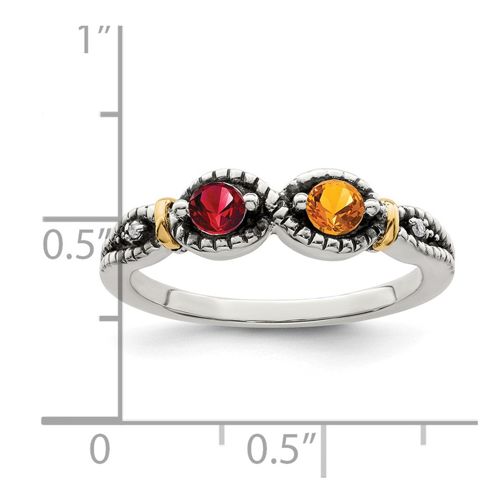 Sterling Silver Antiqued w/14k 2-stone w/Diamond Mother's Ring