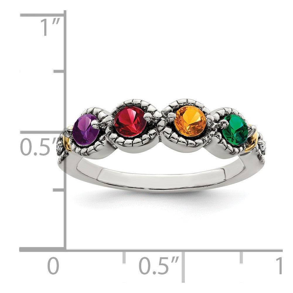 Sterling Silver Antiqued w/14k 4-stone w/Diamond Mother's Ring