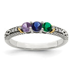 Sterling Silver Antiqued w/14k 3-stone w/Diamond Mother's Ring