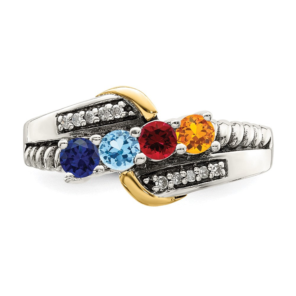 Sterling Silver Antiqued w/14k 4-stone w/Diamond Mother's Ring